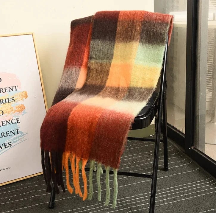 Showlu Fashion Store cashmere plaid scarf with long tassels, thick warm winter shawl in colorful soft fabric for men and women.
