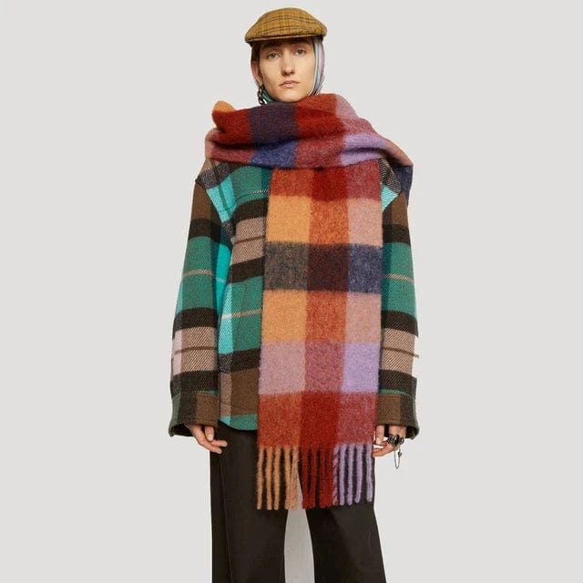 Colorful plaid cashmere scarf with tassels, thick and warm winter shawl for men and women, soft and cozy neck wrap.