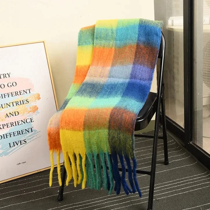 Colorful plaid cashmere scarf from Showlu Fashion Store, thick warm winter shawl with long tassels and soft, cozy fabric.
