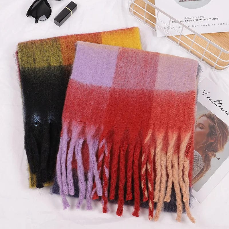 Cashmere plaid scarf from Showlu Fashion Store with colorful pattern, long tassels, thick and soft for warm winter neck wear.