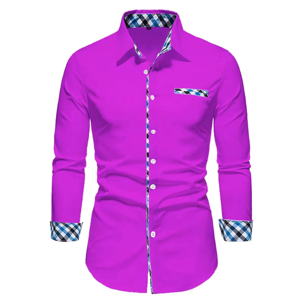 Men's long sleeve polo shirt by Showlu, business casual spliced design, solid color, soft fabric, ideal for outdoor or casual wear.