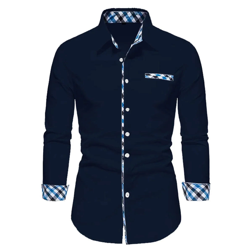 Showlu men's long sleeve polo shirt with spliced design, solid color, suitable for business casual and outdoor wear.