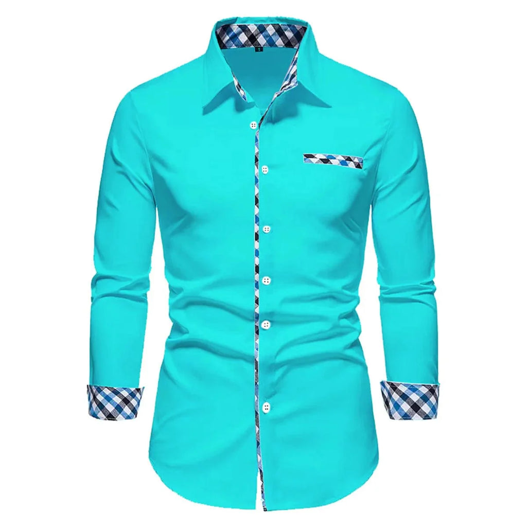 Showlu men's long sleeve polo shirt with spliced design, solid color, soft fabric, ideal for business casual outdoor wear.