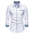 Showlu men's long sleeve polo shirt with spliced design, solid color, suitable for business casual, made of soft, comfortable fabric.