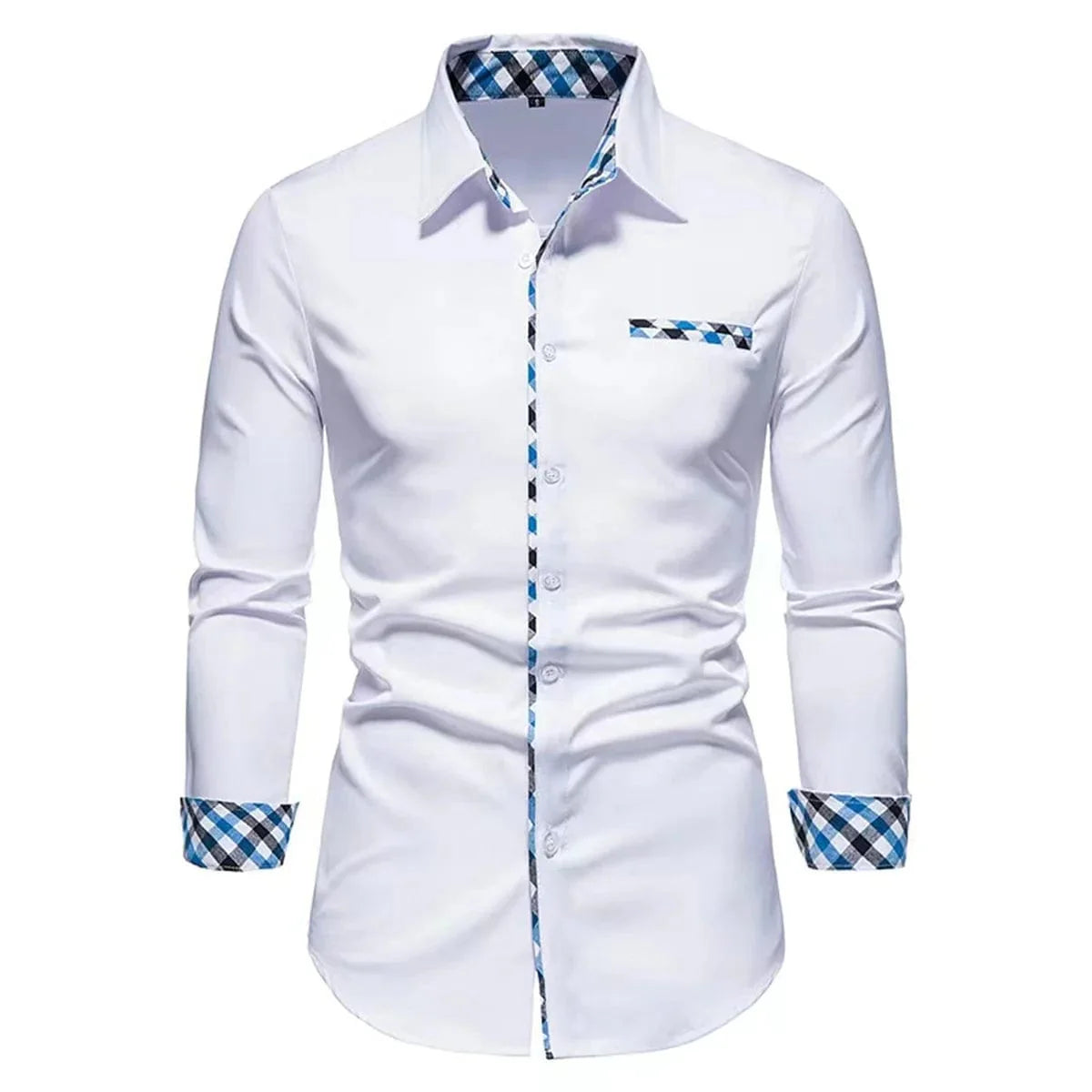 Showlu men's long sleeve polo shirt with spliced design, solid color, soft fabric, ideal for business casual and outdoor wear.