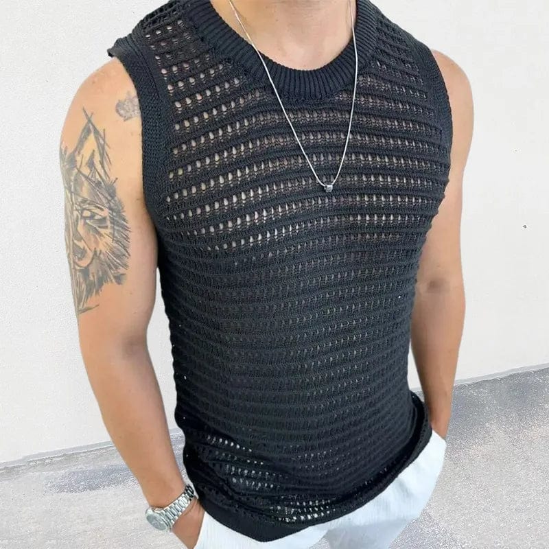 Showlu Fashion Store men's slim fit knitted sweater vest in solid color with O-neck, sleeveless design, streetwear style.