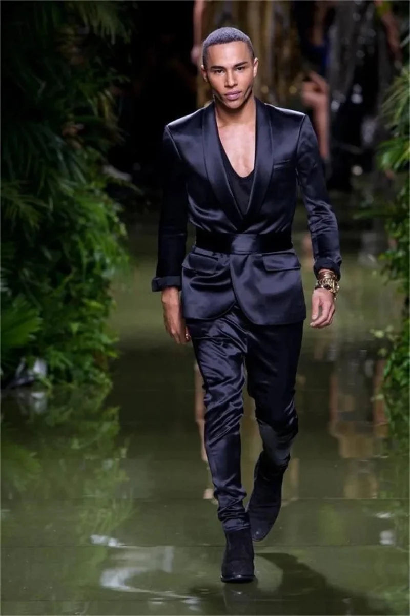 Navy blue men's suit by SHOWLU FASHION STORE, 2-piece silk satin blazer and pants with shawl lapel and matching belt.