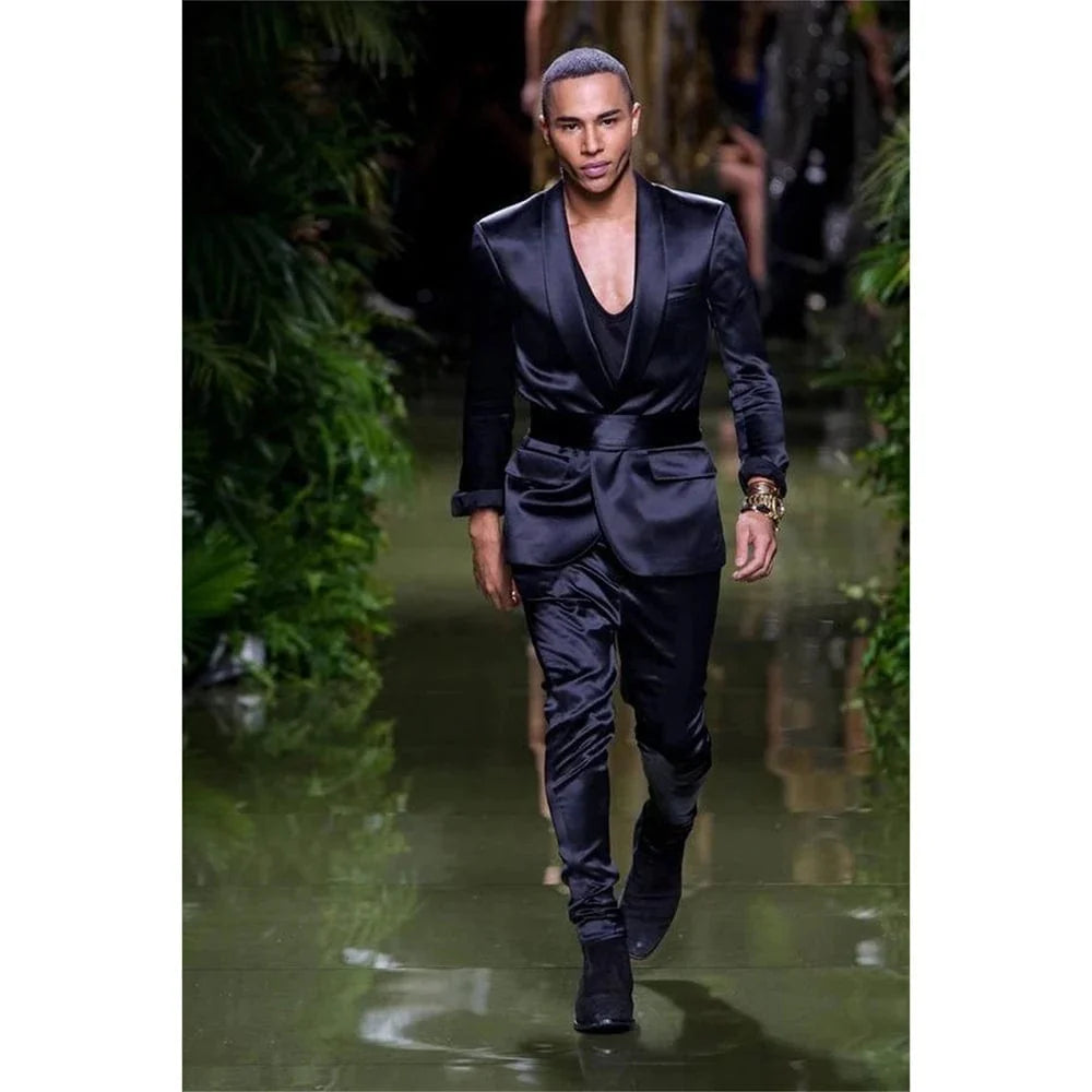 Navy blue men's suit by SHOWLU FASHION STORE, 2-piece silk satin blazer and pants with shawl lapel for formal or party wear.