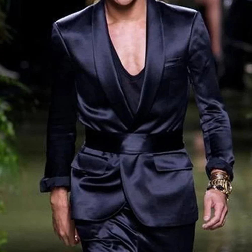 Navy blue men's suit by SHOWLU FASHION STORE featuring a silk satin blazer with shawl lapel and matching pants, stylish party wear.