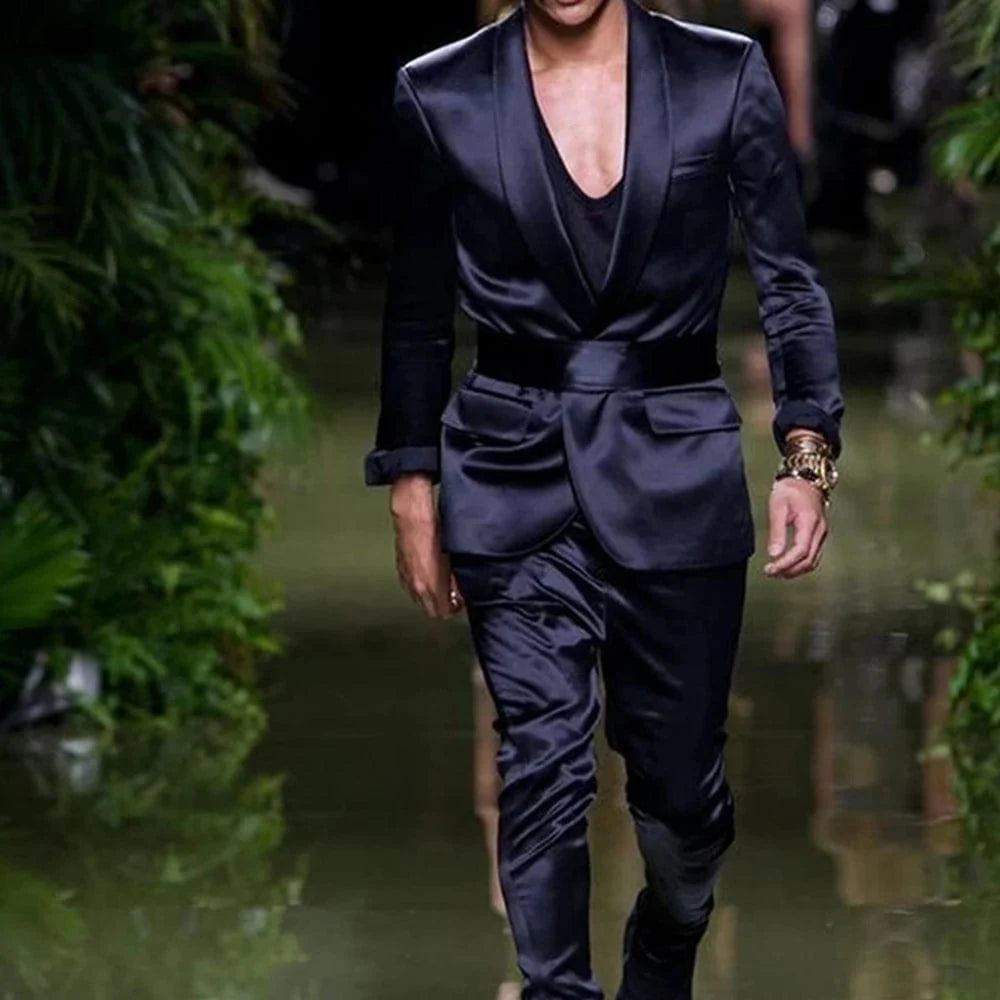 Navy blue men's suit by SHOWLU FASHION STORE featuring a silk satin blazer with shawl lapel and matching pants, stylish party wear.