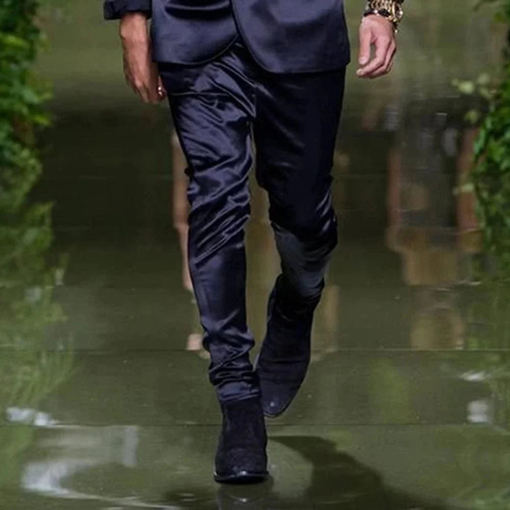Navy blue men's suit by SHOWLU FASHION, 2-piece silk satin blazer and pants with shawl lapel, stylish party or business wear.