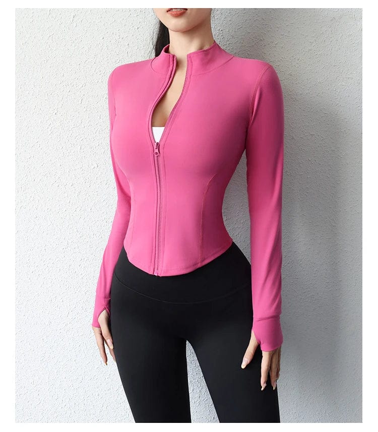 Showlu Women's Slimming Yoga Jacket with full-length zipper, long sleeves, and a fitted design for fitness and body sculpting.