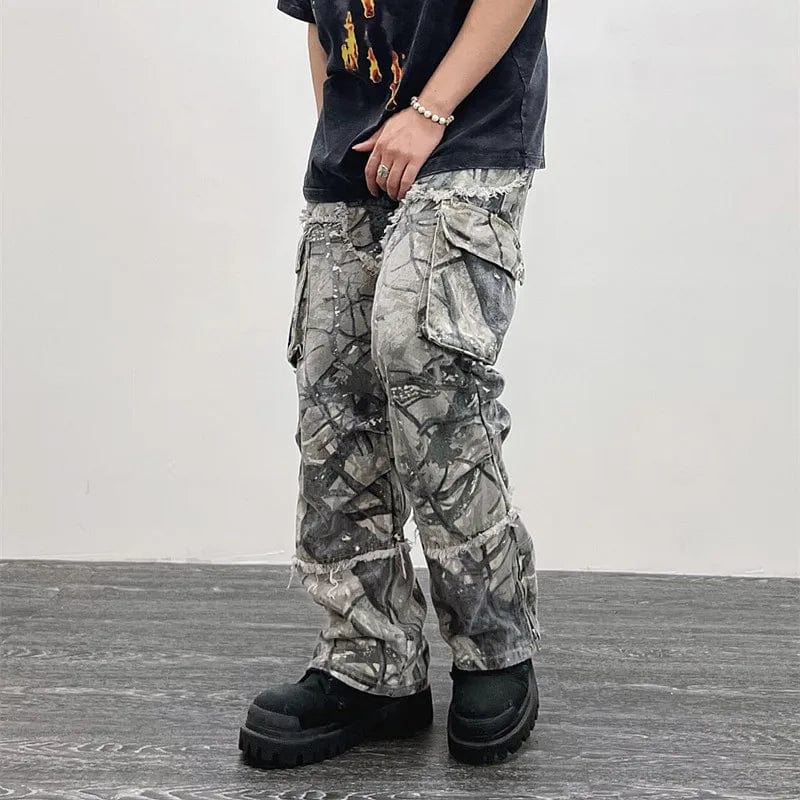 Men's camouflage baggy cargo jeans with flare design, Y2K hip hop style, straight-leg denim pants by Showlu Fashion.