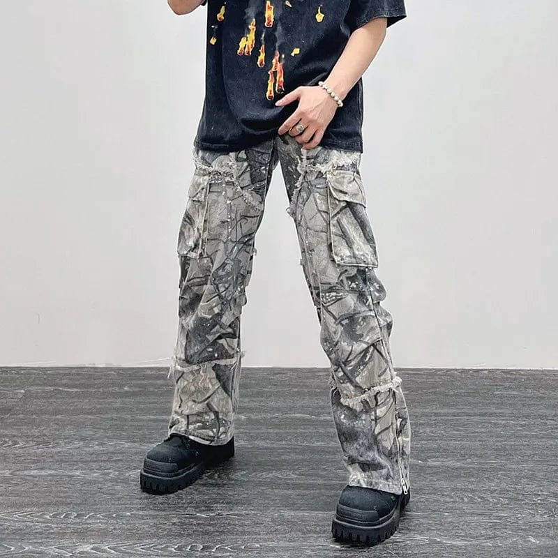 Showlu men's camouflage baggy cargo jeans with Y2K hip hop flare, straight wide-leg denim pants for men and women.