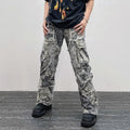 Showlu men's camouflage baggy cargo jeans with flare design, Y2K hip hop style, featuring wide-leg and straight fit denim pants.