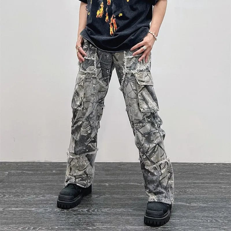 Showlu men's camouflage baggy cargo jeans with flare design, Y2K hip hop style, featuring wide-leg and straight fit denim pants.