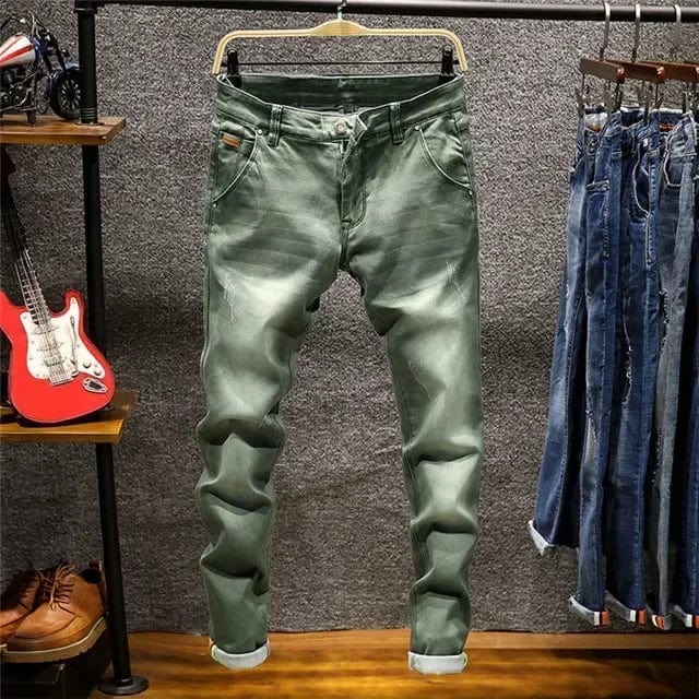 Showlu men's skinny fit denim jeans in blue with zipper fly, slim stretch design, casual style, perfect for modern men's fashion.