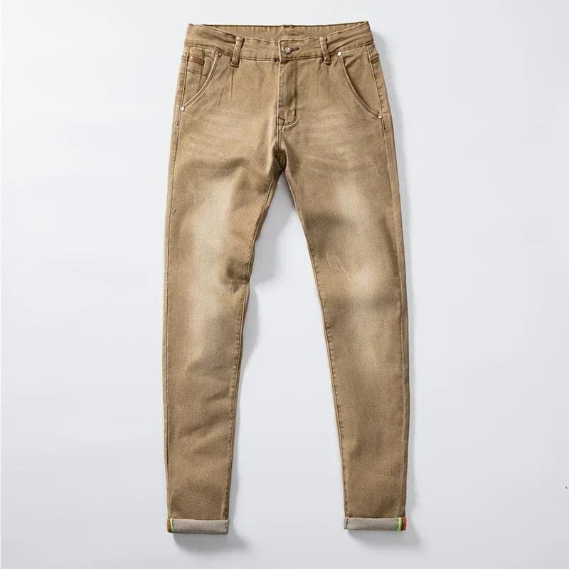 Showlu Men's Skinny Fit Denim Jeans in blue with zipper fly, slim stretch design, casual style, and tapered pencil fit.