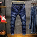 Showlu men's skinny fit denim jeans with zipper fly, slim stretch design, blue color, casual style, perfect for modern men's fashion.