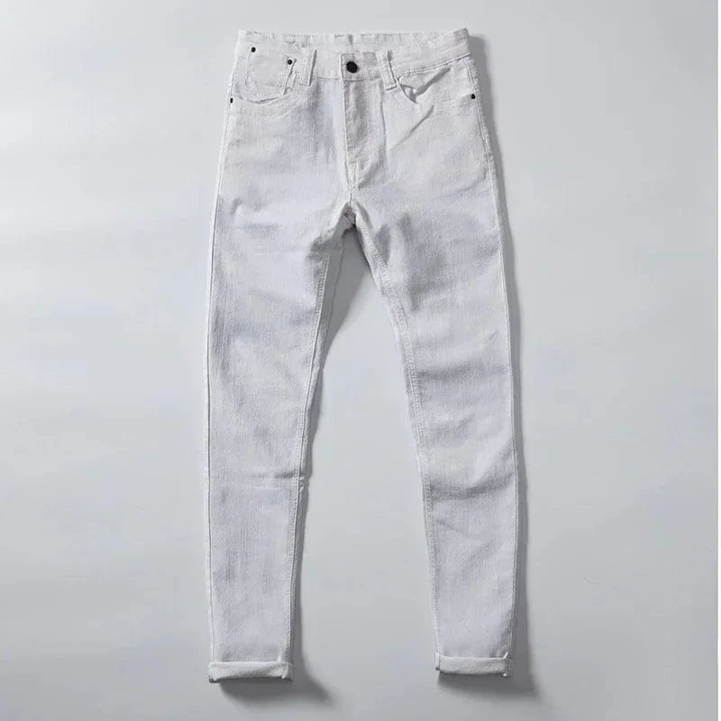 Showlu men's skinny fit denim jeans with zipper fly, slim pencil style, blue stretch fabric, casual men's fashion pants.