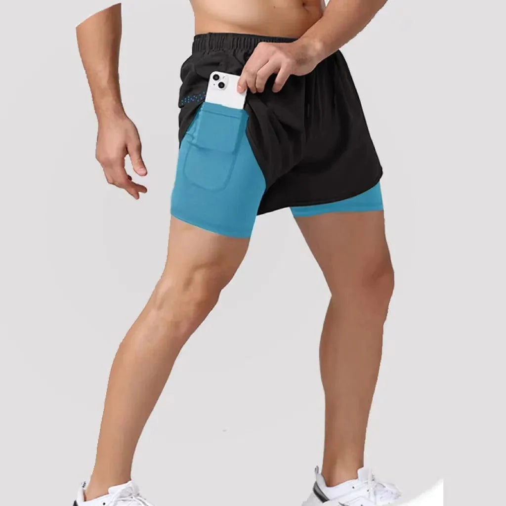 Men's 2-in-1 running shorts by Showlu Fashion Store, quick-dry gym training shorts with double deck design for summer workouts.