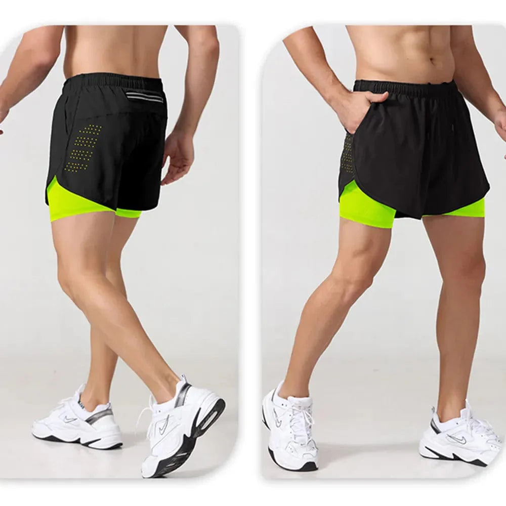 Men's 2-in-1 running shorts by Showlu Fashion Store, quick-dry gym training shorts with double deck design, ideal for jogging and sports.