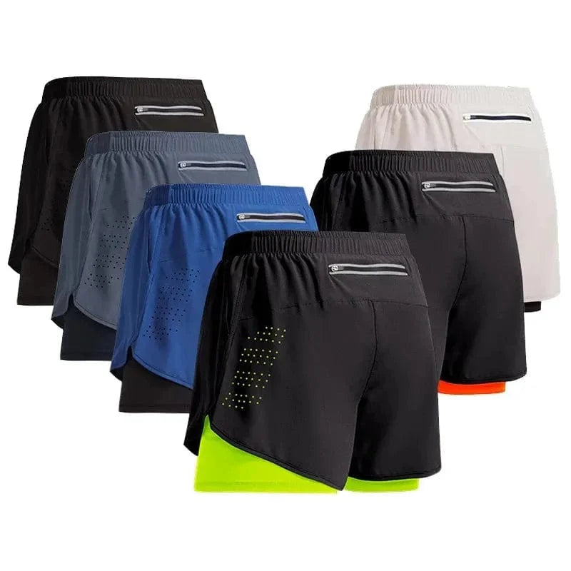 Men's 2-in-1 running shorts by Showlu Fashion, quick-dry gym training shorts with inner lining for sports and jogging.