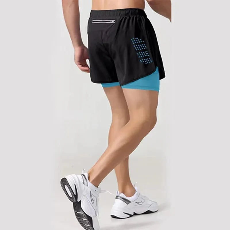 Men's 2-in-1 running shorts by Showlu Fashion, quick-dry gym training shorts with double-layer design for summer workouts.