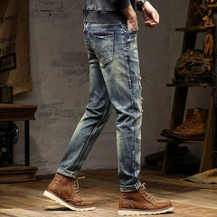 2023 Spring and Autumn New Classic Fashion Solid Color Ripped Small Foot Pants Men's Casual Comfort Elastic High Quality Jeans - SHOWLU FASHION STORE