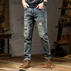 2023 Spring and Autumn New Classic Fashion Solid Color Ripped Small Foot Pants Men's Casual Comfort Elastic High Quality Jeans - SHOWLU FASHION STORE