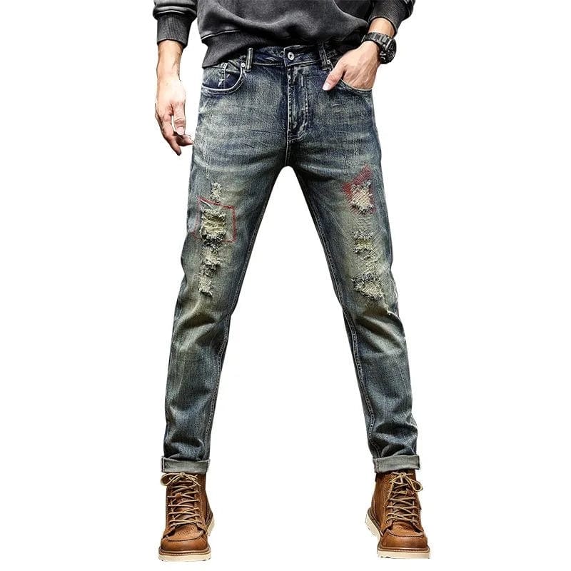 2023 Spring and Autumn New Classic Fashion Solid Color Ripped Small Foot Pants Men's Casual Comfort Elastic High Quality Jeans - SHOWLU FASHION STORE