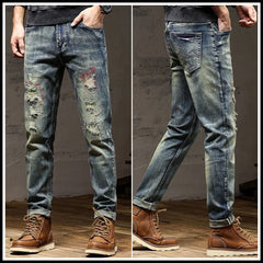 2023 Spring and Autumn New Classic Fashion Solid Color Ripped Small Foot Pants Men's Casual Comfort Elastic High Quality Jeans - SHOWLU FASHION STORE