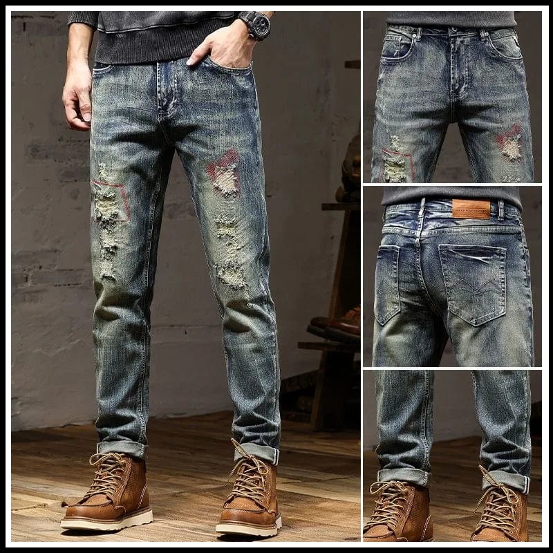 2023 Spring and Autumn New Classic Fashion Solid Color Ripped Small Foot Pants Men's Casual Comfort Elastic High Quality Jeans - SHOWLU FASHION STORE