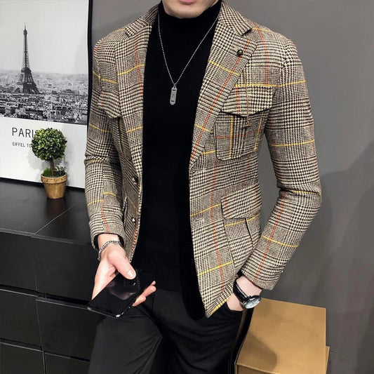 2023 Spring Men Plaid Blazers British Printed Wedding Business Casual Blazer Suit Jacket Male Formal Blazers Plus Size S - 3XL - SHOWLU FASHION STORE