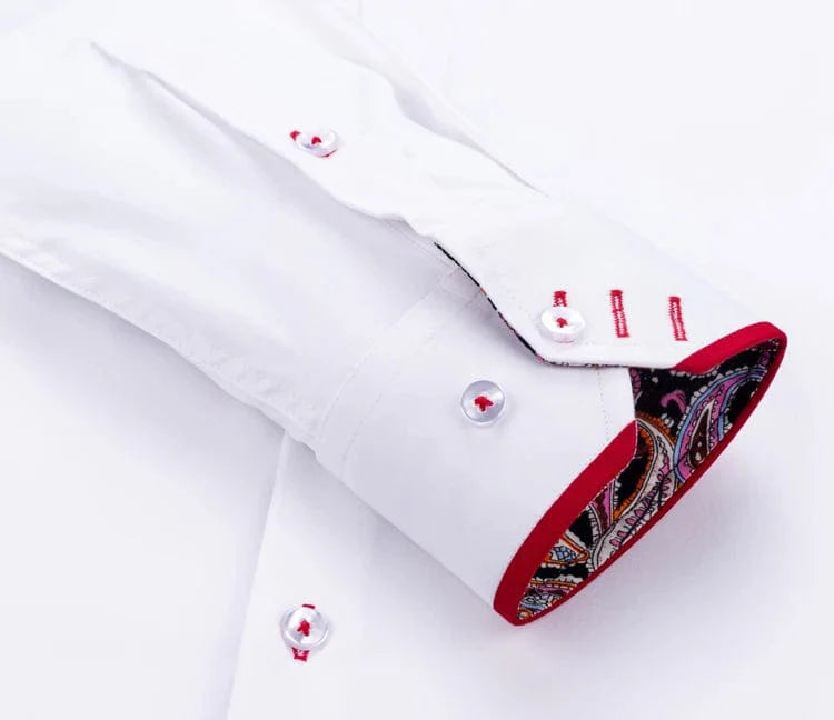 Slim fit white men's long sleeve business casual shirt by SHOWLU, featuring a double collar and modern spring-fall style.