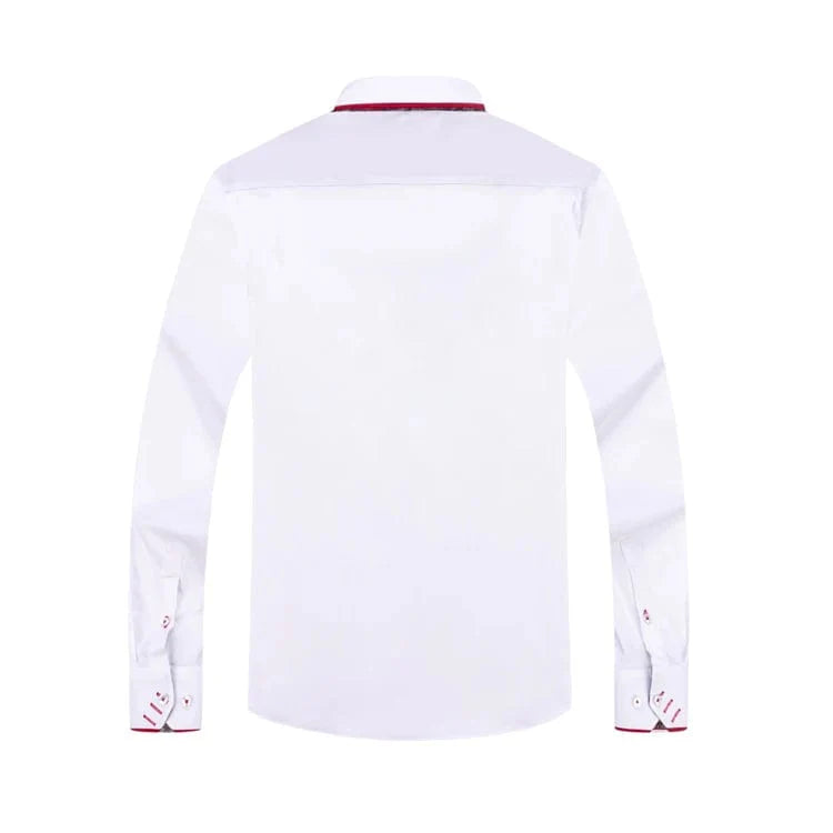 Slim fit white men's long sleeve business casual shirt by SHOWLU, featuring a Chinese double collar and modern spring fashion style