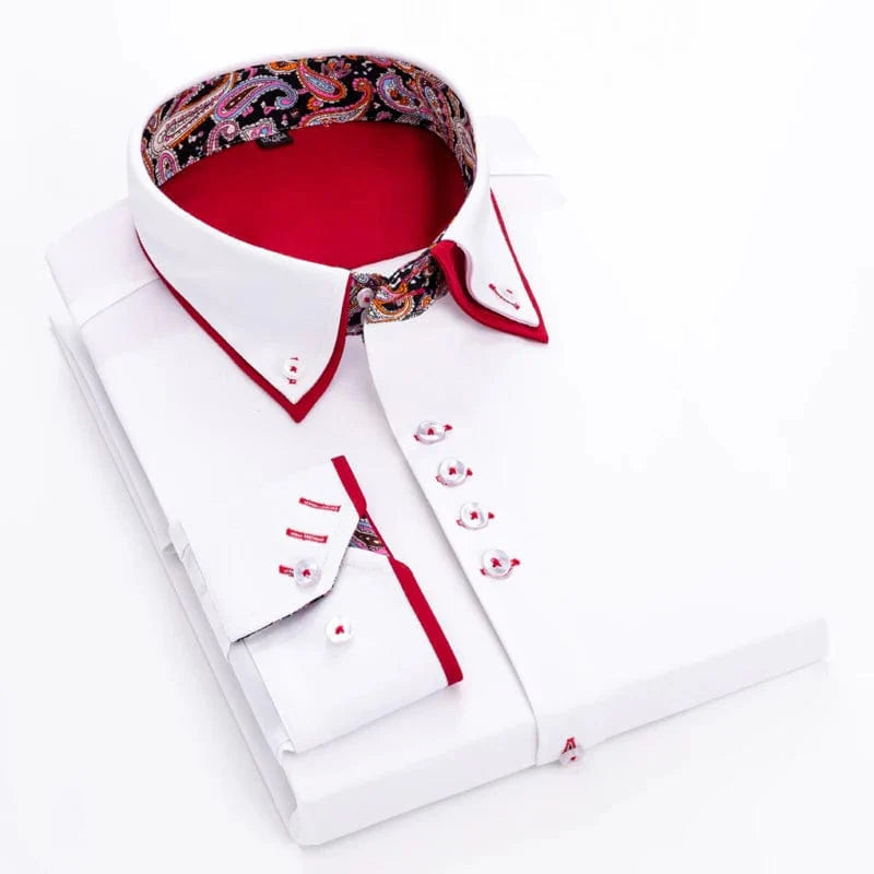 SHOWLU men's slim fit long sleeve white business casual shirt with double collar, perfect for spring and fall, free iron fabric.