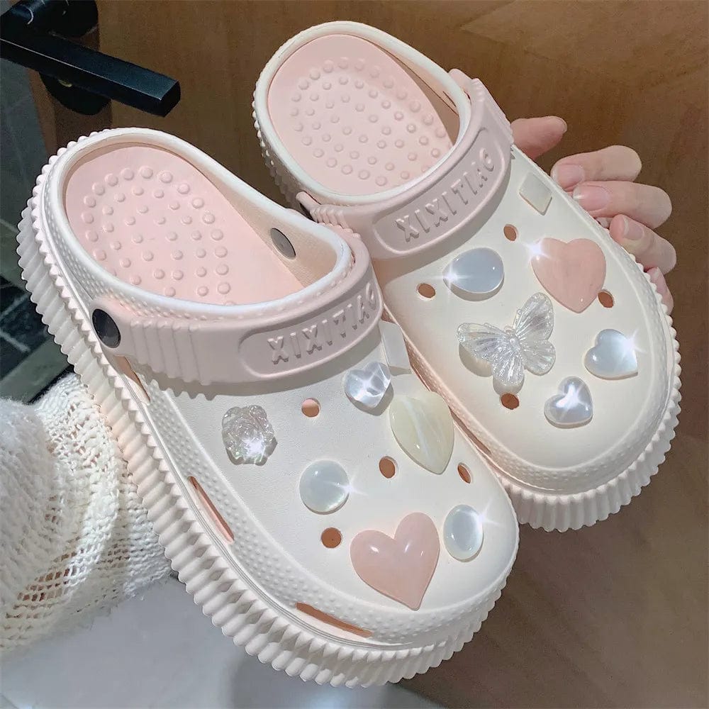 2023 Summer New EVA Thick Sole Perforated Shoes for Women Wearing Elevated Soft Sole DIY Love Solid Color Two Wear Home Slippers - SHOWLU FASHION STORE