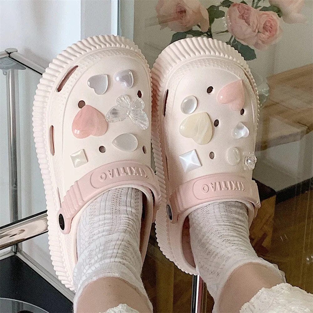 2023 Summer New EVA Thick Sole Perforated Shoes for Women Wearing Elevated Soft Sole DIY Love Solid Color Two Wear Home Slippers - SHOWLU FASHION STORE