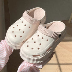 2023 Summer New EVA Thick Sole Perforated Shoes for Women Wearing Elevated Soft Sole DIY Love Solid Color Two Wear Home Slippers - SHOWLU FASHION STORE