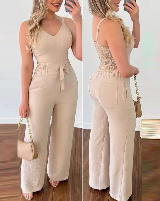 2023 Summer Woman Long Jumpsuits Elegant Sexy V - Neck Shirred Cami Top & High Waist Pants Set New Fashion Casual One Pieces - SHOWLU FASHION STORE