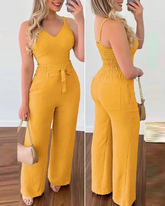 2023 Summer Woman Long Jumpsuits Elegant Sexy V - Neck Shirred Cami Top & High Waist Pants Set New Fashion Casual One Pieces - SHOWLU FASHION STORE