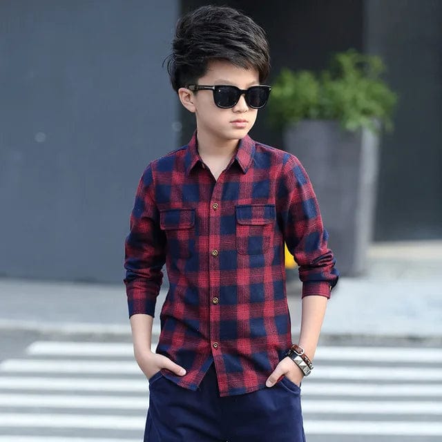 Showlu Fashion boys' plaid cotton long sleeve shirt, casual school top for kids aged 5 to 15, suitable for school and everyday wear.