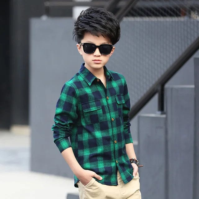 Showlu Fashion boys' plaid cotton long sleeve school shirt for kids aged 5 to 15, casual and stylish for school or everyday wear.