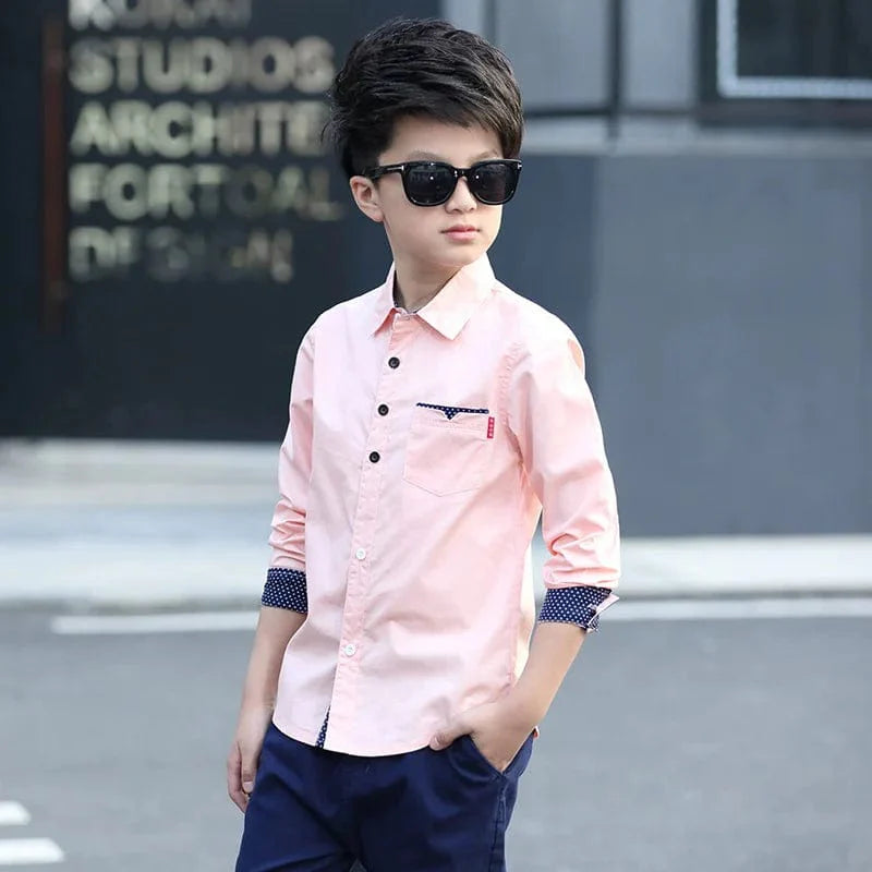 Showlu Fashion boys' plaid cotton long sleeve shirt, casual school top for kids aged 5 to 15 years, perfect for everyday wear.
