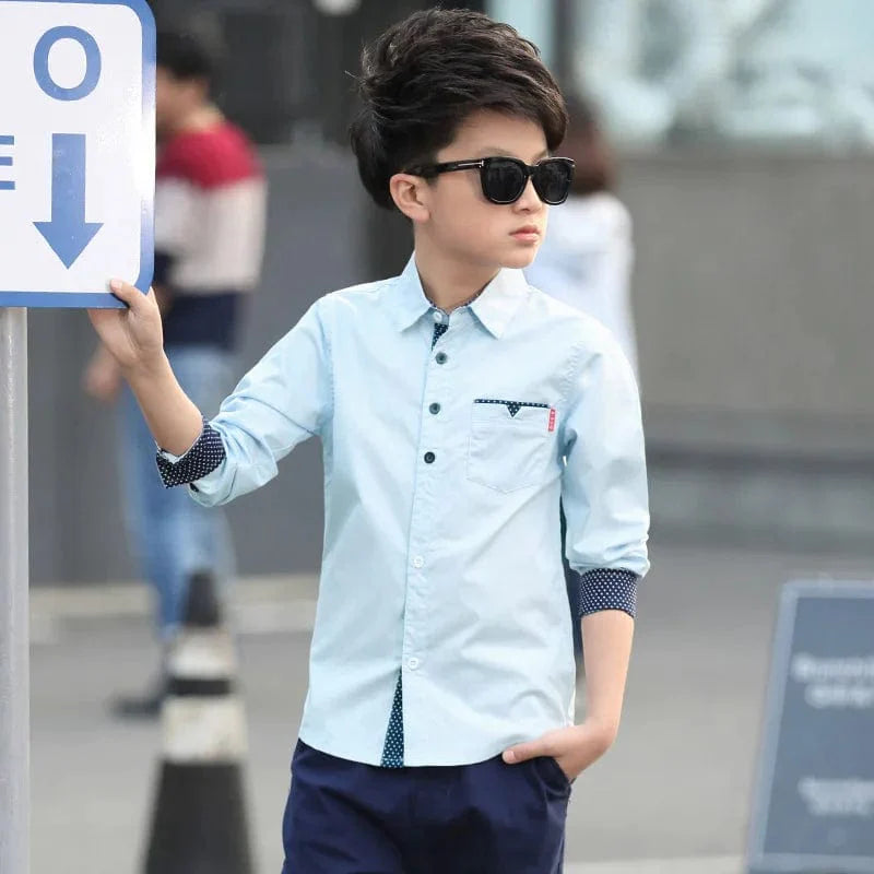 Showlu Fashion boys plaid cotton long sleeve shirt, casual school top for kids aged 5 to 15 years, suitable for teenagers.