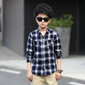 Showlu Fashion boys' plaid cotton long sleeve shirt, casual school top for kids aged 5 to 15, featuring a stylish schoolwear design.
