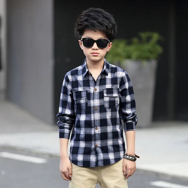 Showlu Fashion boys' plaid cotton long sleeve shirt, casual school top for kids aged 5 to 15, featuring a stylish schoolwear design.