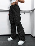 Showlu Women's high waist cargo parachute pants with flap pockets, wide-leg style, drawstring waist, and ruched details.