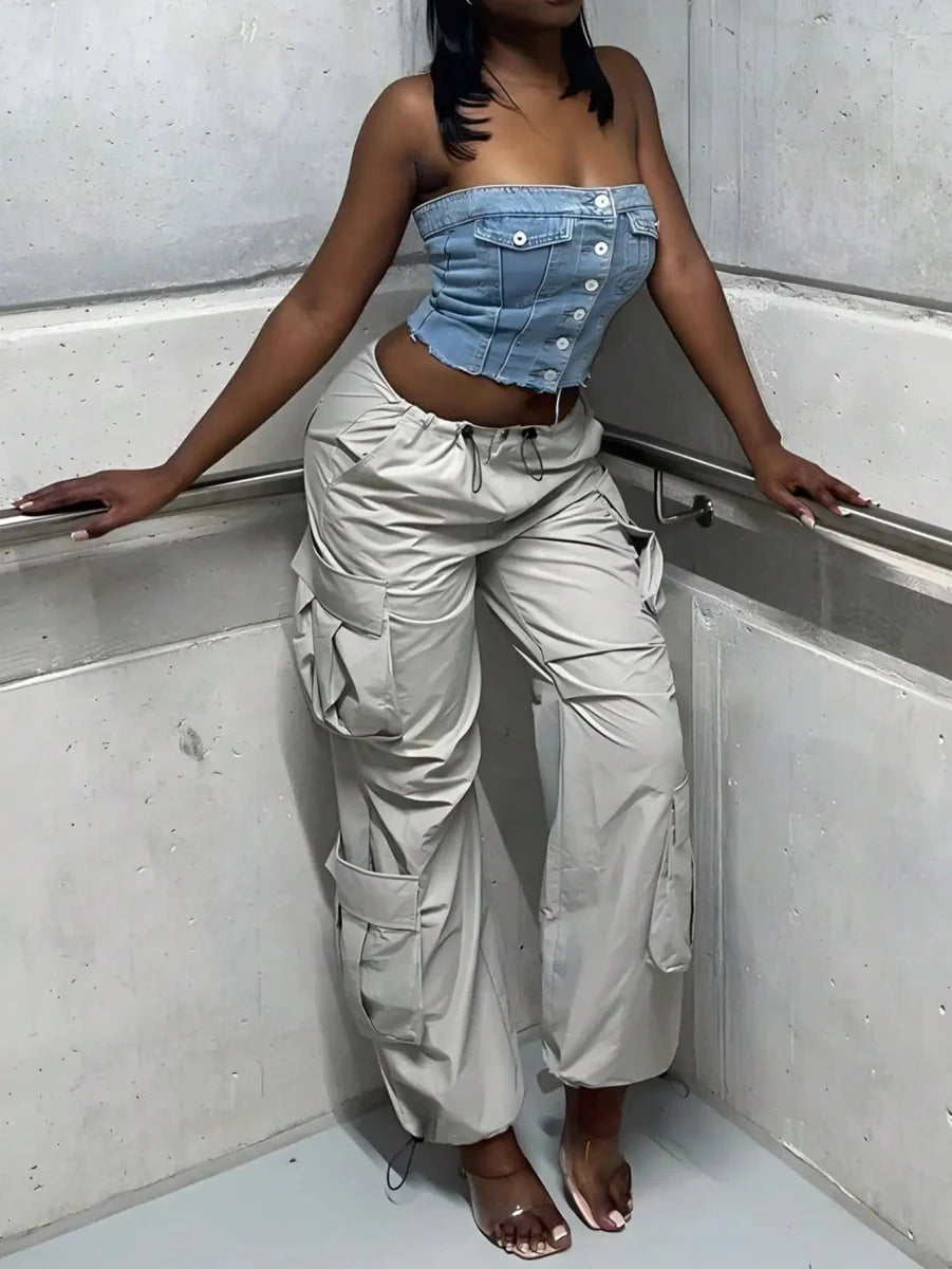 Showlu Women's high waist cargo parachute pants with wide legs, flap pockets, drawstring waist, and ruched design for street style.